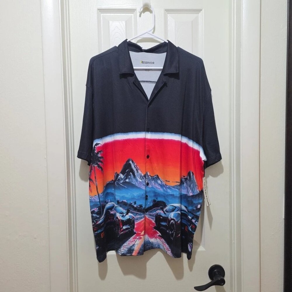 NWT Reservoir Men's L Sailor Blue Short Sleeve Graphic Button-Up Shirt Cars R468